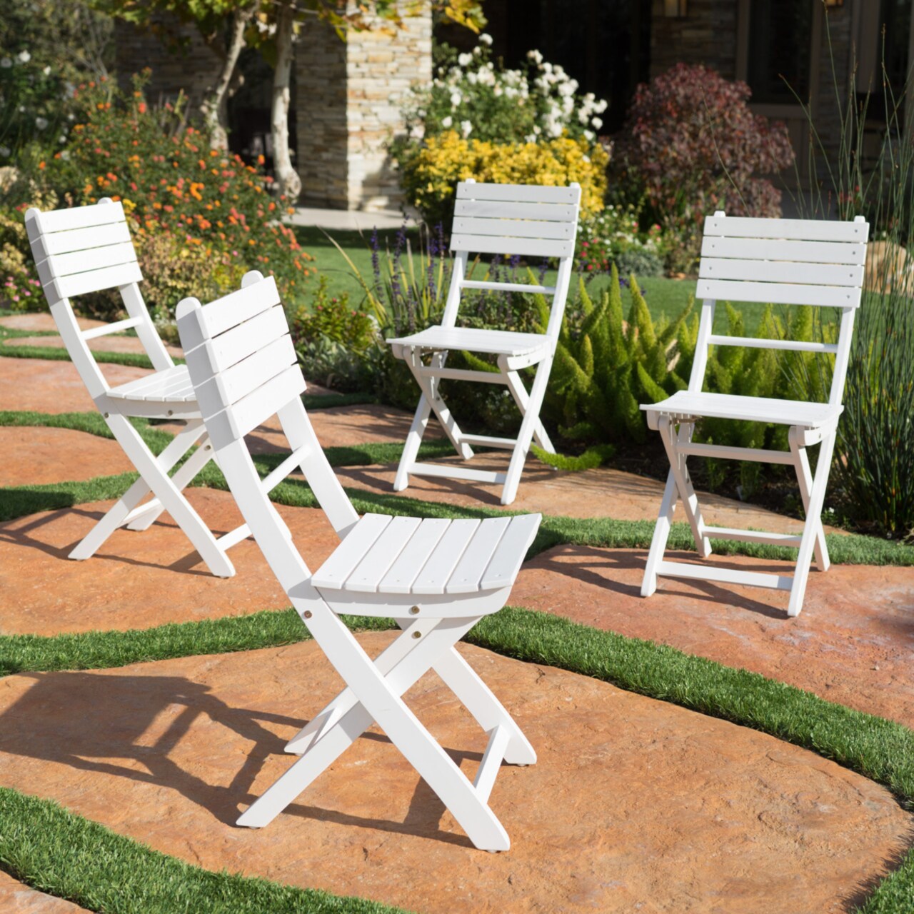 GDF Studio Vicaro Outdoor White Finish Acacia Wood Foldable Dining Chairs (Set of 4)